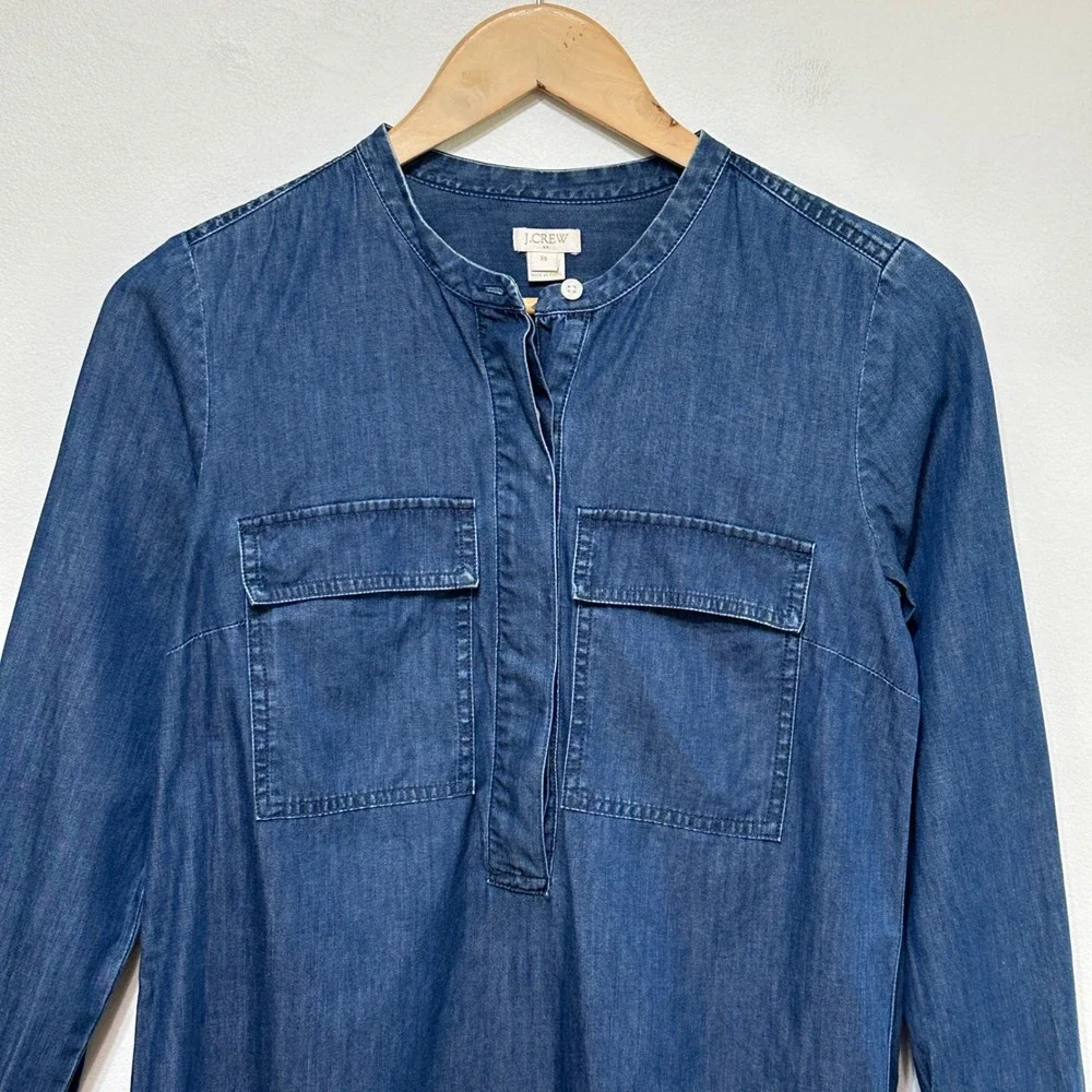 J. Crew Chambray Denim Popover Shirt Dress Womens XS Blue Long Sleeve Cotton
